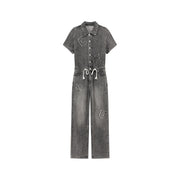 String Embroidered Denim Jumpsuit