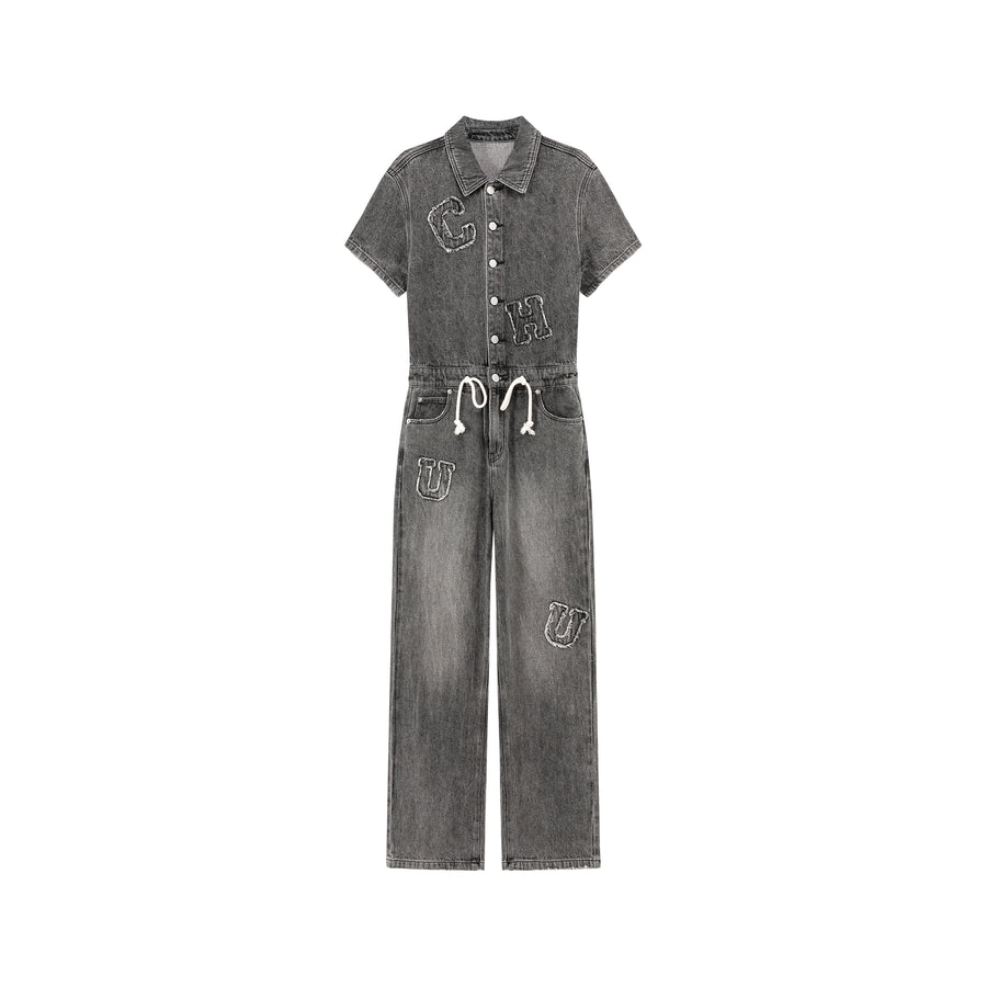 CHUU String Embroidered Denim Jumpsuit