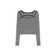 Chest Cutout Frill Long Sleeves Striped Top