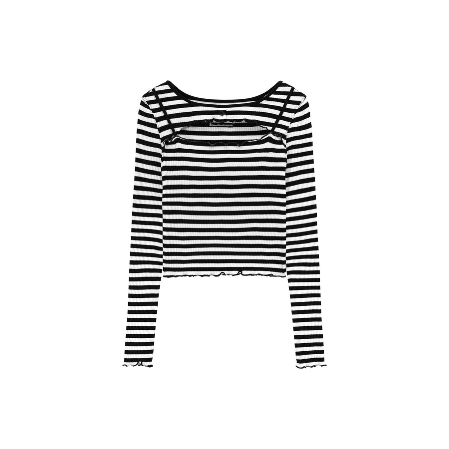 CHUU Chest Cutout Frill Long Sleeves Striped Top