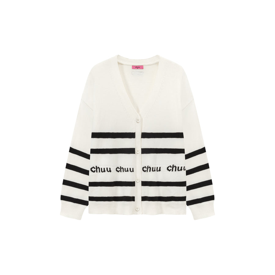 CHUU Lettering Striped Knit Cardigan