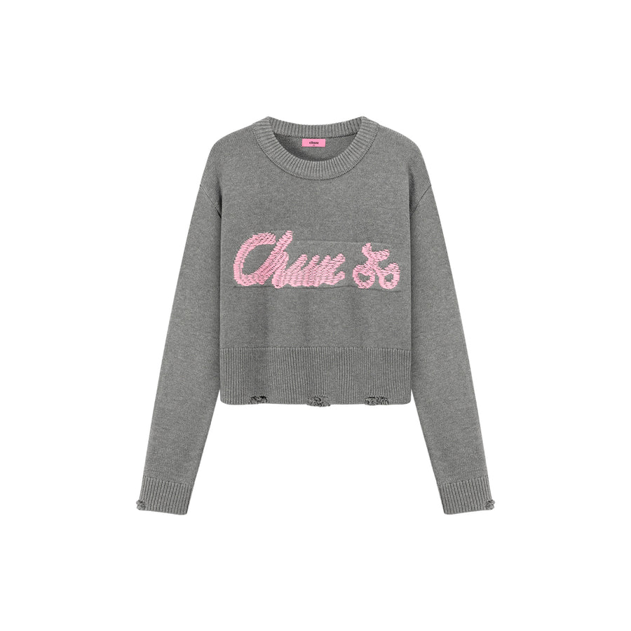 CHUU Distressed Lettering Crop Knit Sweater