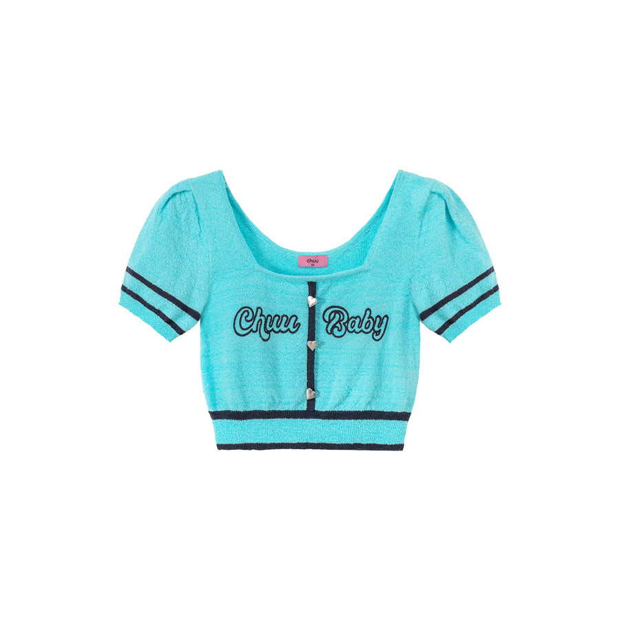 CHUU Chuu Baby Square Neck Heart Button Crop Kniit Top