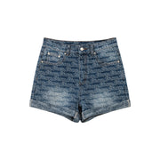 Chuu Lettering Pattern Rolled Denim Shorts