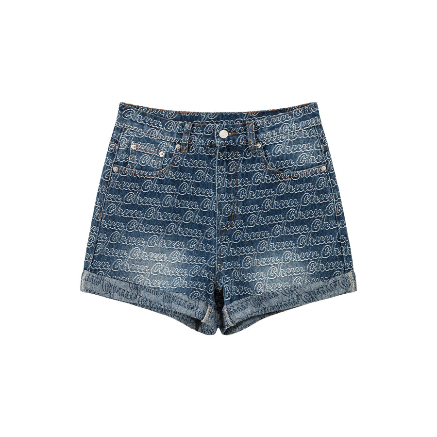 CHUU Chuu Lettering Pattern Rolled Denim Shorts