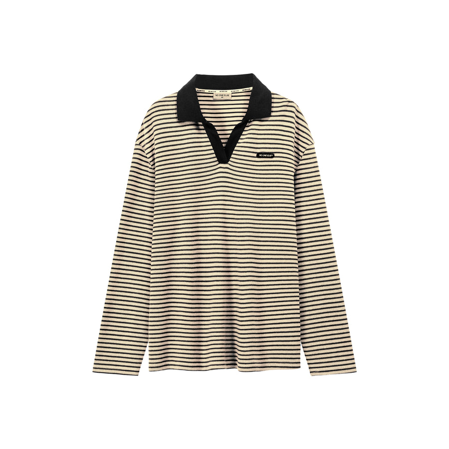 CHUU Open Collar Stripe T-Shirt