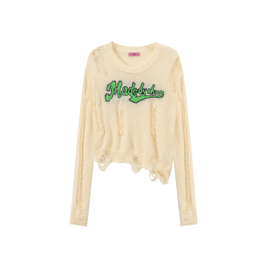 CHUU Distressed Long Sleeve Unbalanced Knit Top