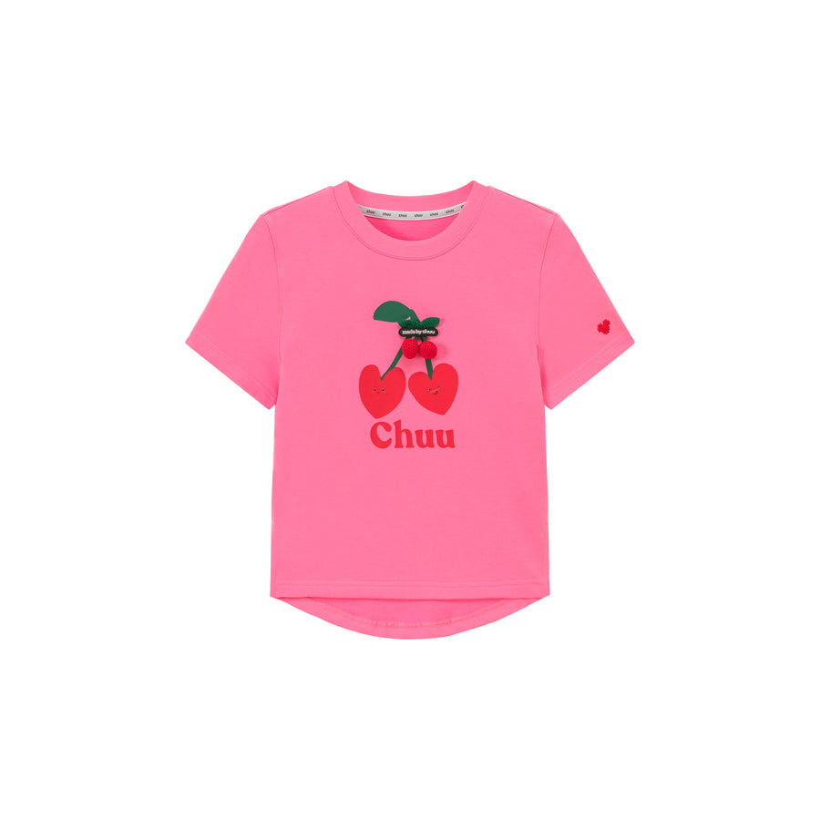 CHUU Logo Heart Cherry Printed Slit Short Sleeve T-Shirt