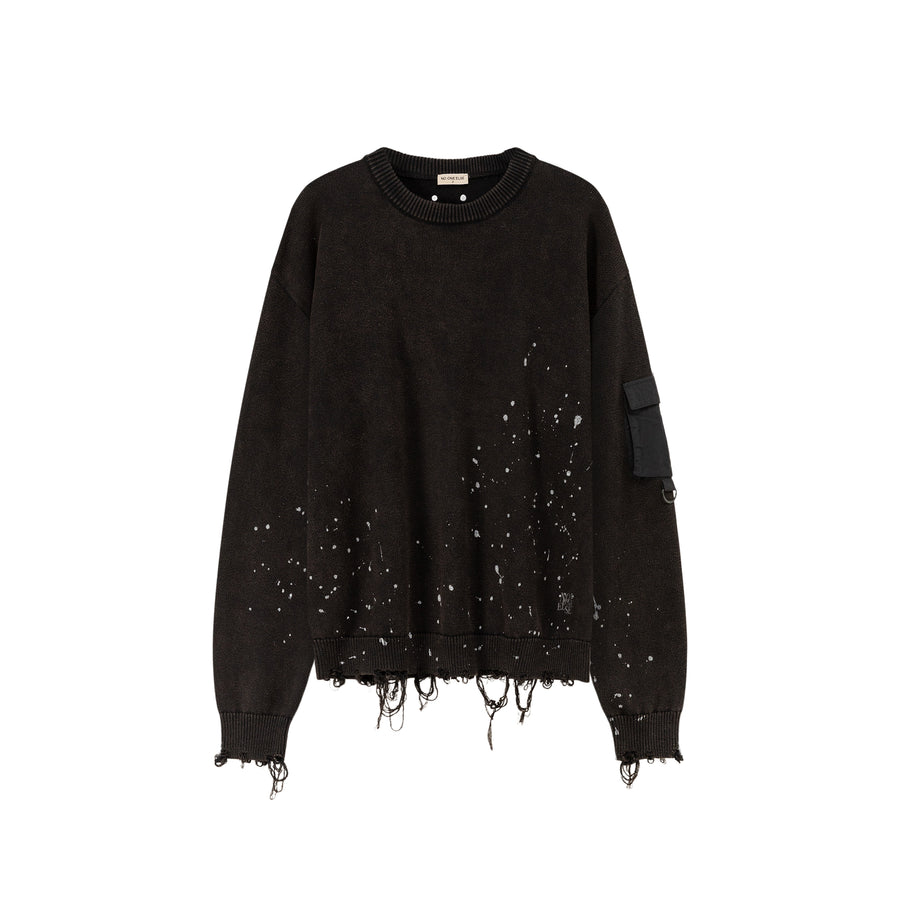 CHUU Pocket Paint Splatter Distressed Loose Fit Knit Sweater