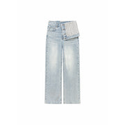 Unbalanced Folded Lettering Wide Denim Jeans