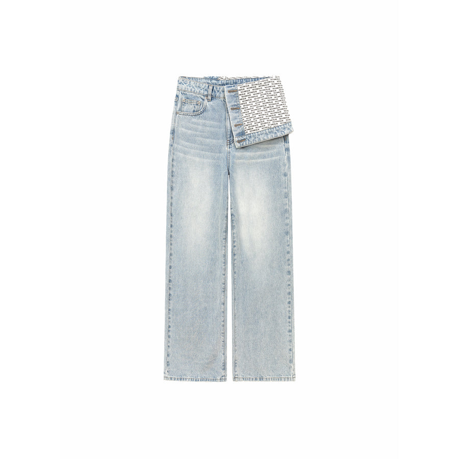 CHUU Unbalanced Folded Lettering Wide Denim Jeans