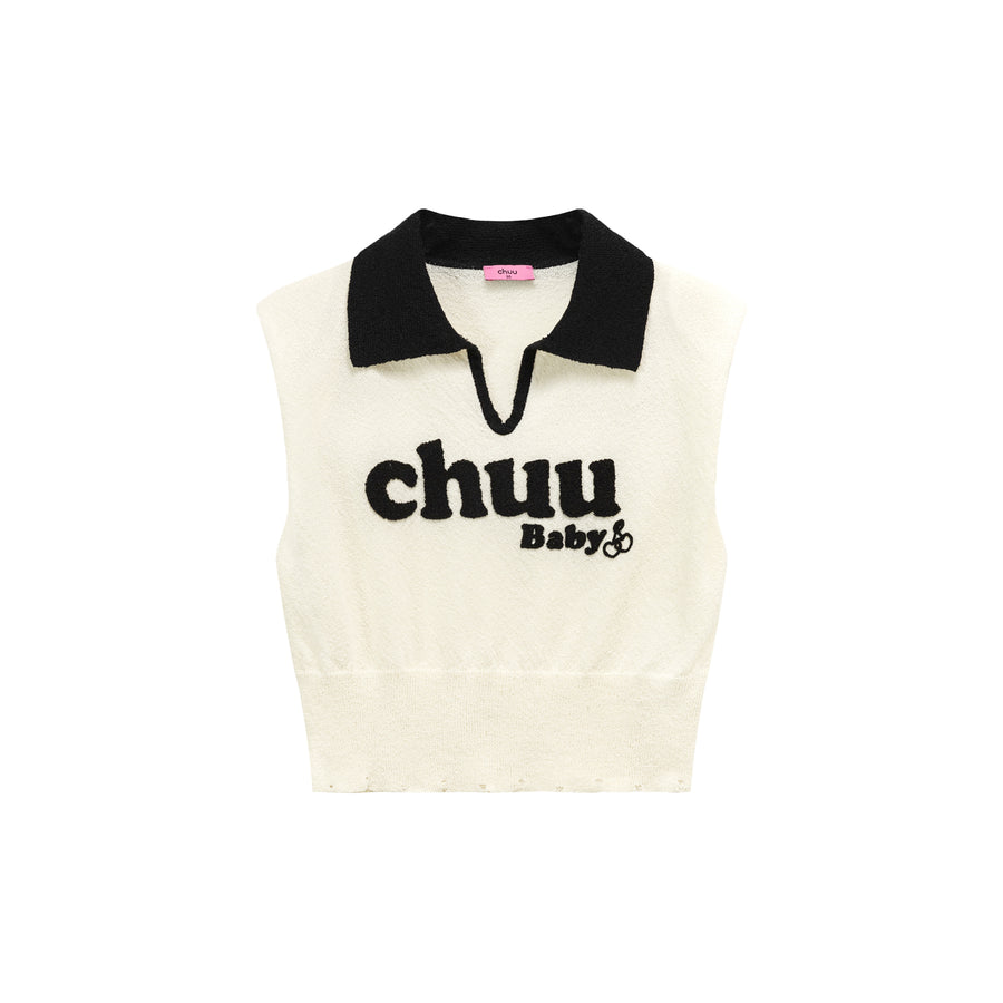 CHUU Logo Open Collar Cropped Knit Top