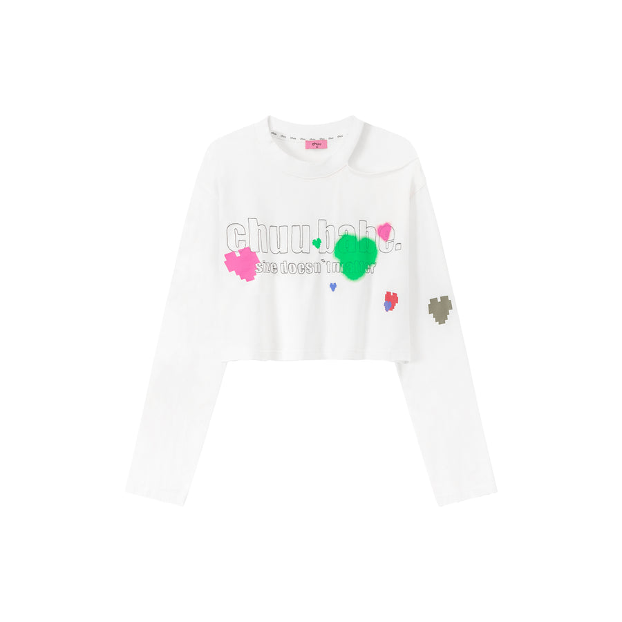 CHUU Size Doesnt Matter Open Shoulder Color Hearts Cropped T-Shirt