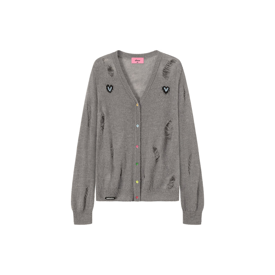 CHUU Distressed Heart Icon Rainbow Buttons Cardigan