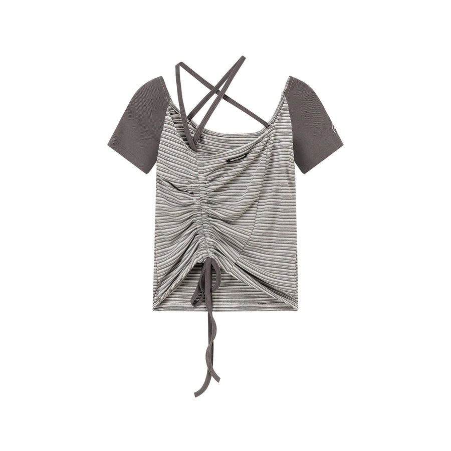 CHUU Asymmetrical Halter Neck String Striped Shirring T-Shirt