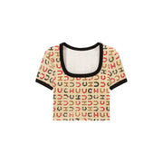 Square Neck Color Chuu Lettering Pattern Crop T-Shirt