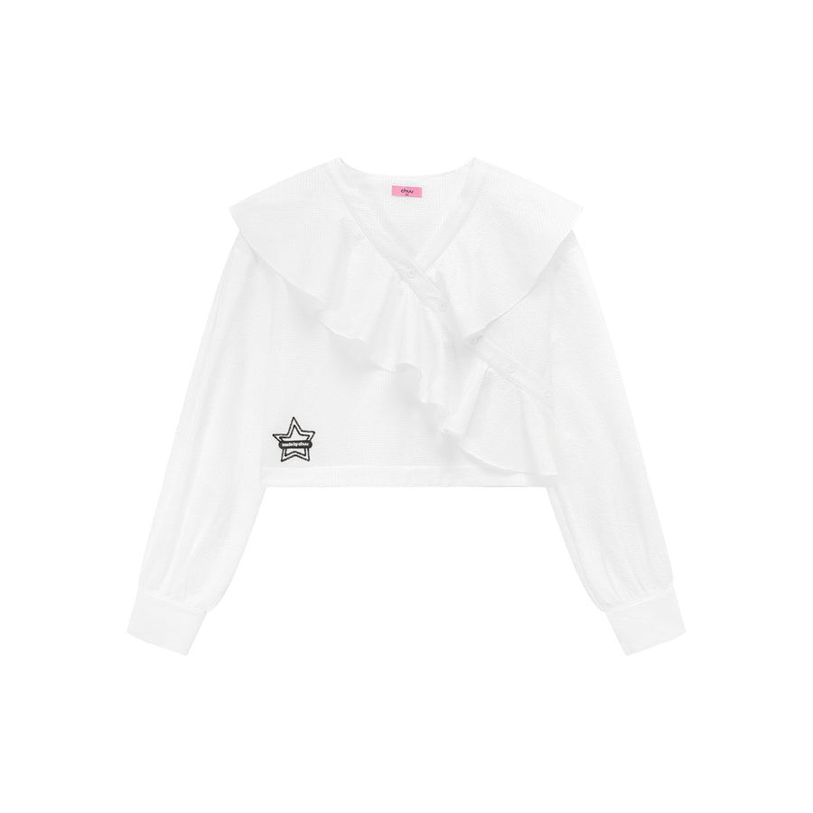 CHUU Asymmetrical Frill Big Collar Semi Crop Top