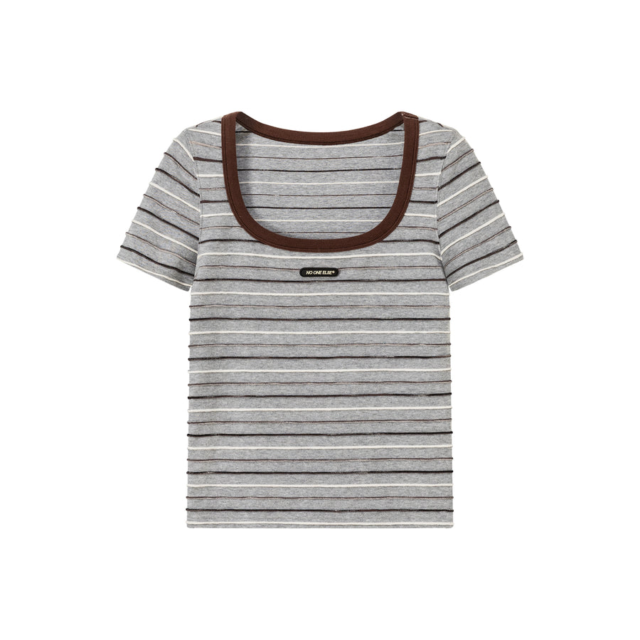 CHUU Simple Slim U-Neck Striped T-Shirt