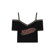 Chuu Lettering Off-The-Shoulder Crop T-Shirt