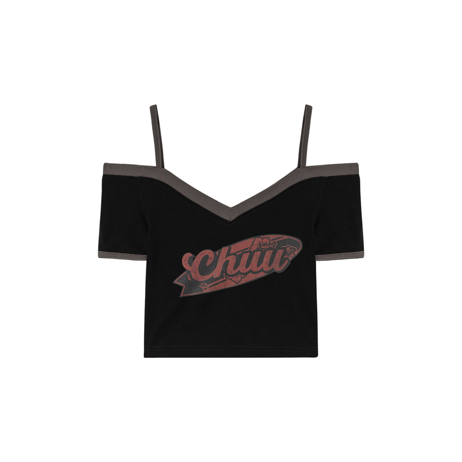 CHUU Chuu Lettering Off-The-Shoulder Crop T-Shirt