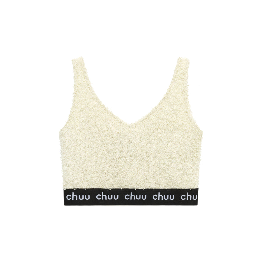 CHUU V-Neck Fuzzy Color Scheme Sleeveless Crop Top