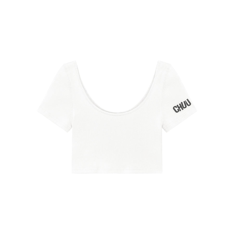 CHUU Chuu Sleeve Lettering Big U Neck Crop T-Shirt