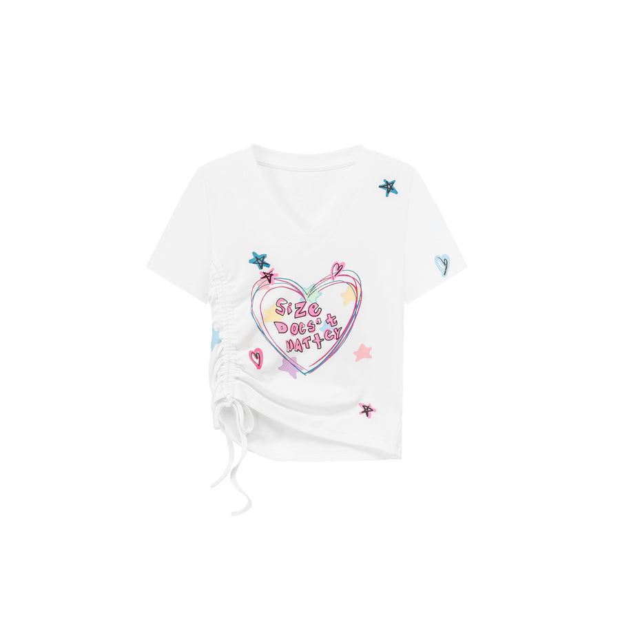 CHUU Size Doesnt Matter Heart V Neck Shirring T-Shirt