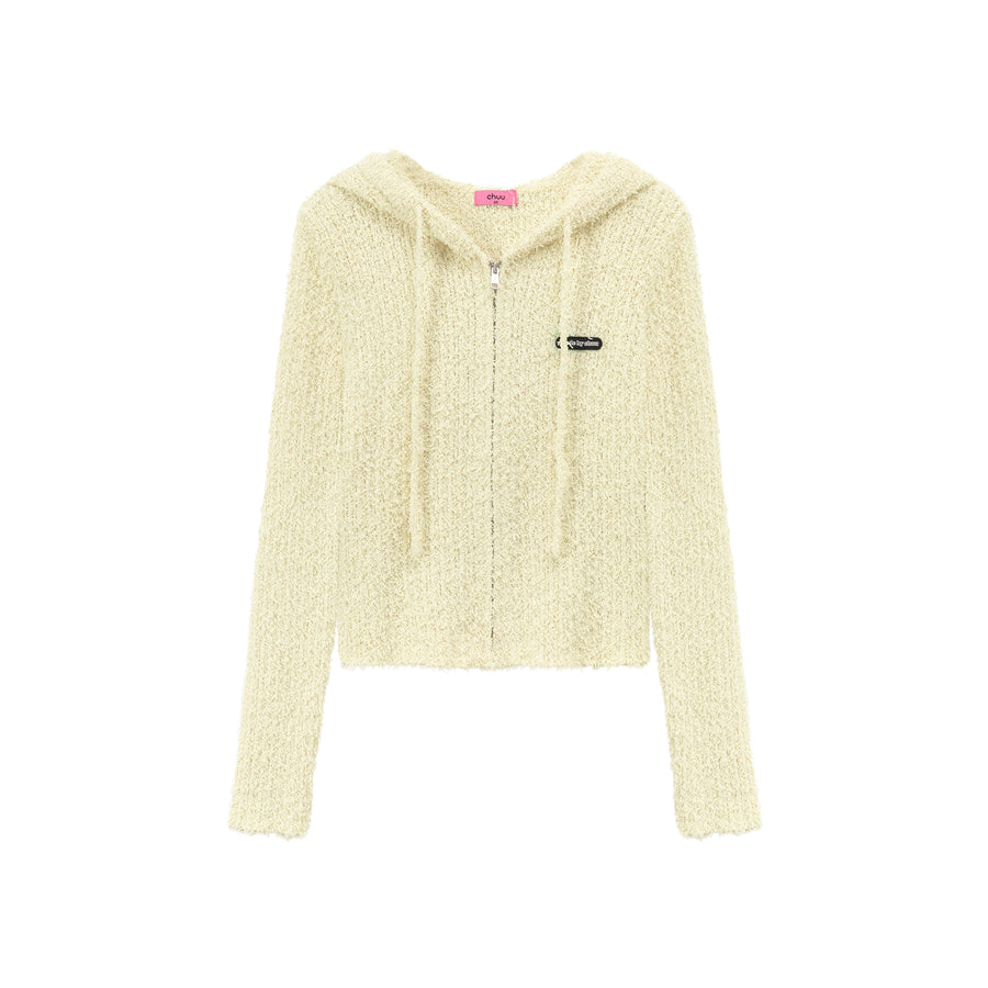 CHUU Fuzzy Hooded Knit Cardigan