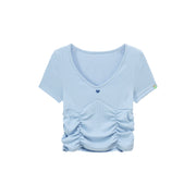 Color V-Neck Heart Keyhole Shirring Crop T-Shirt