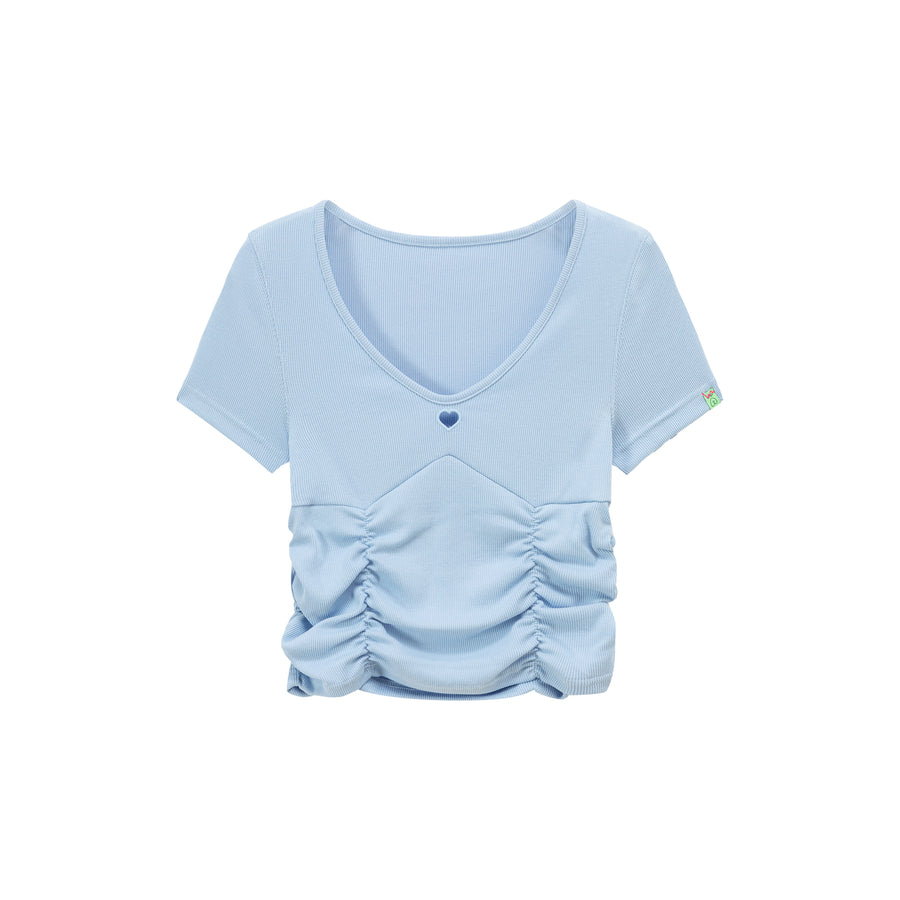 CHUU Color V-Neck Heart Keyhole Shirring Crop T-Shirt