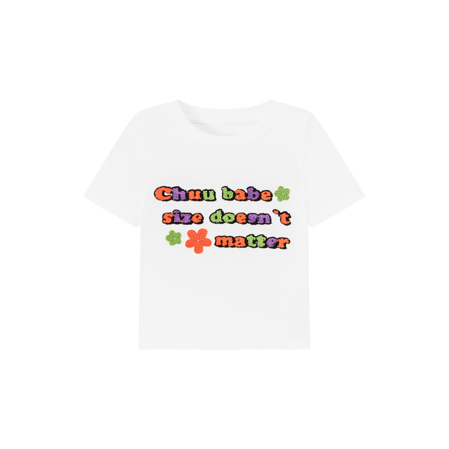 CHUU Size Doesnt Matter Colorful Embroidered Slim Crop T-Shirt