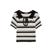 Stripe Ribbon Keyhole Knit Top