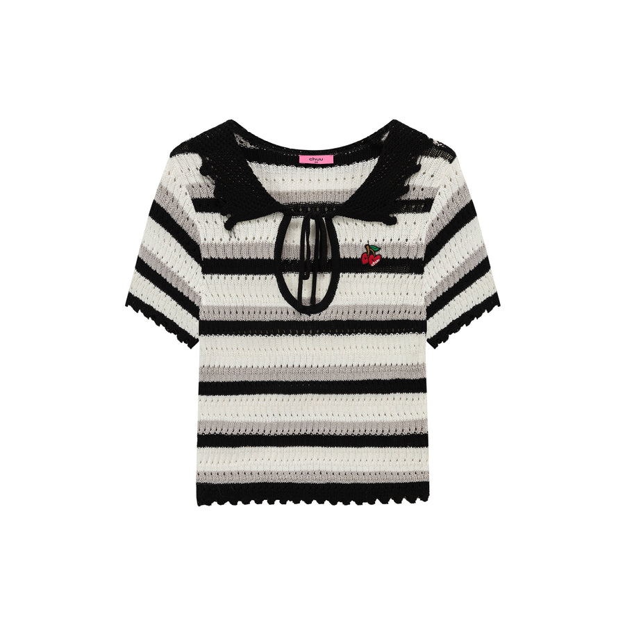 CHUU Stripe Ribbon Keyhole Knit Top