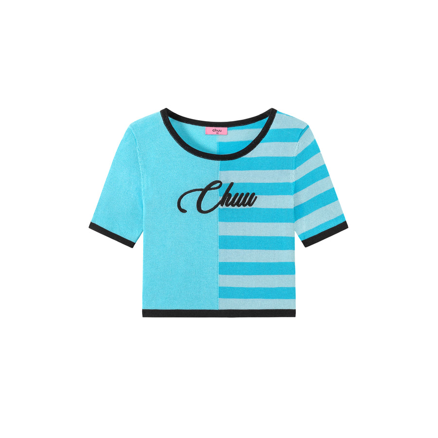 CHUU Chuu Lettering Half Striped Colorblocked Knit Crop Top