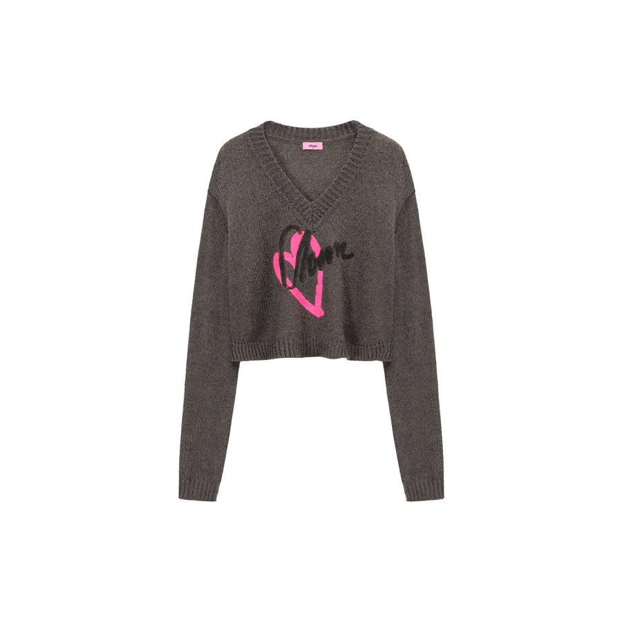 CHUU Logo Heart V-Neck Knit Sweater