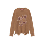 Logo Distressed Lettering Loose Fit Knit Sweater