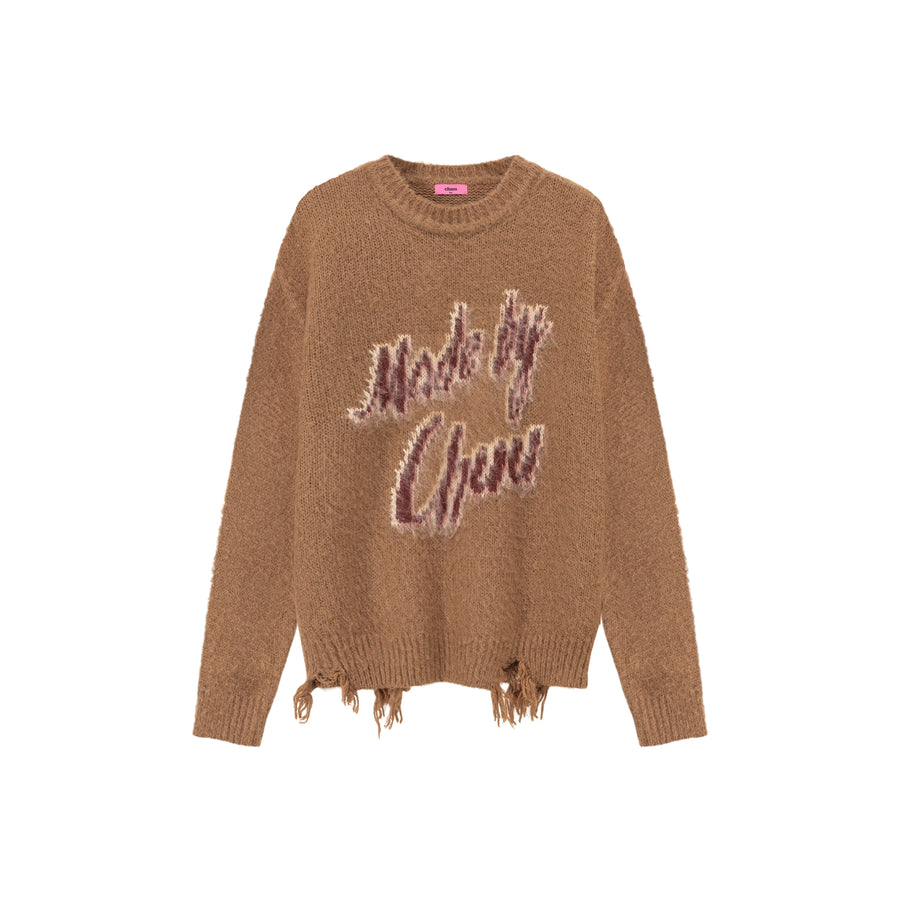 CHUU Logo Distressed Lettering Loose Fit Knit Sweater