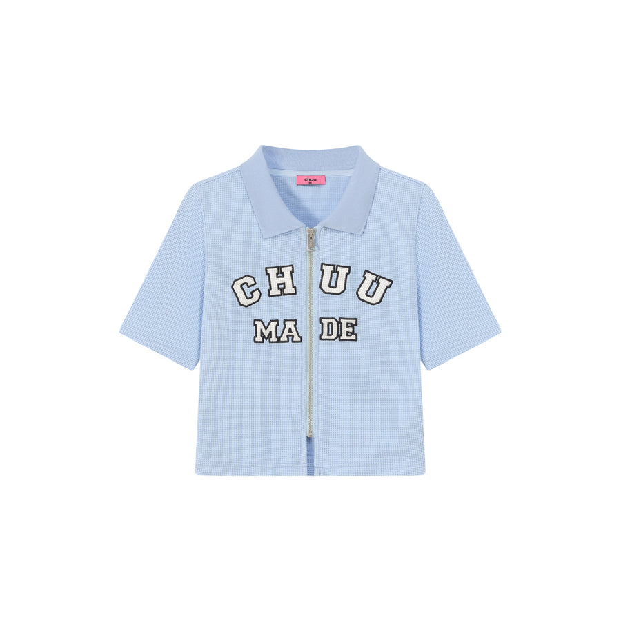 CHUU Logo Color Waffle Short Sleeve Zip-Up Top