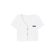 Rainbow Button Raw Hem Cropped T-Shirt