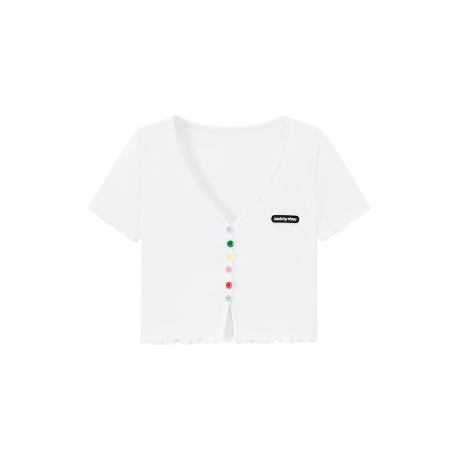 CHUU Rainbow Button Raw Hem Cropped T-Shirt