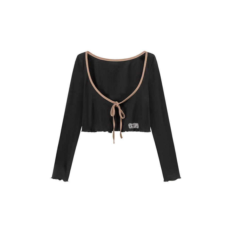 CHUU Ruffled Hem Ribbon Long Sleeve Cardigan