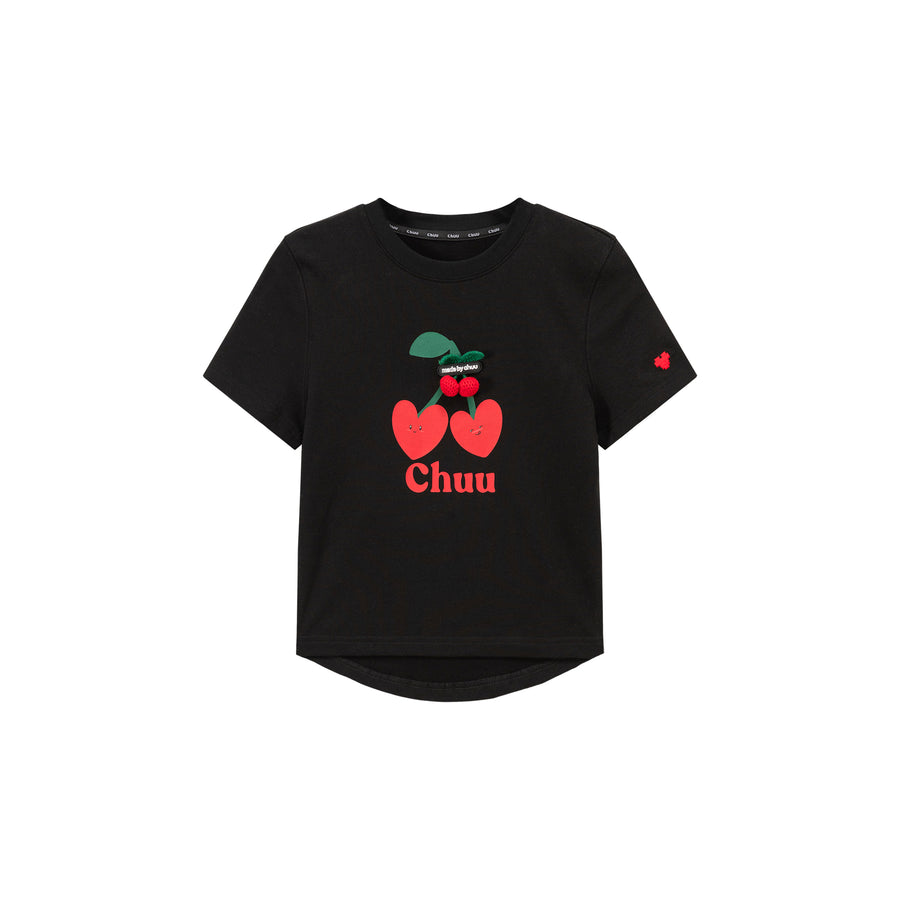 CHUU Logo Heart Cherry Printed Slit Short Sleeve T-Shirt