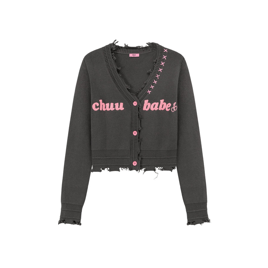 CHUU Logo Distressed Colored Knit Cardigan