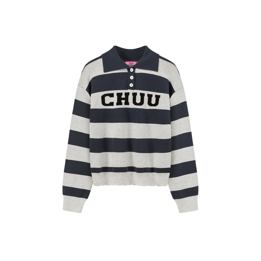 CHUU Polo Neck Striped Knit Top