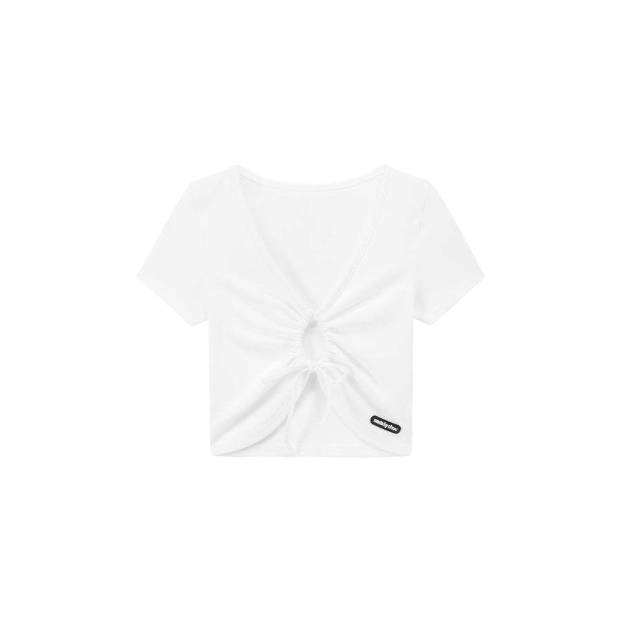 CHUU Front Keyhole String V-Neck Cropped Top