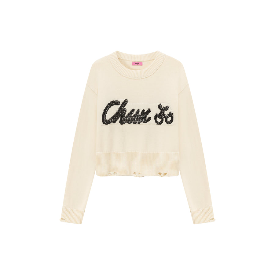 CHUU Distressed Lettering Crop Knit Sweater