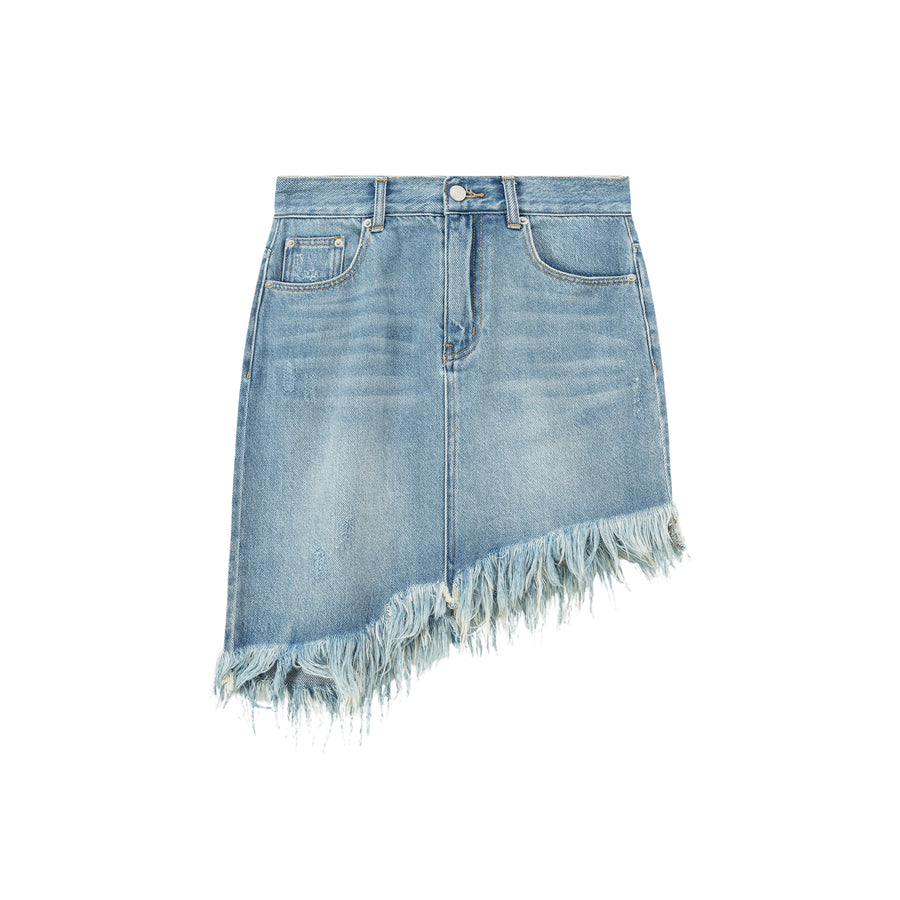 CHUU Asymmetrical Fringed Denim Skirt