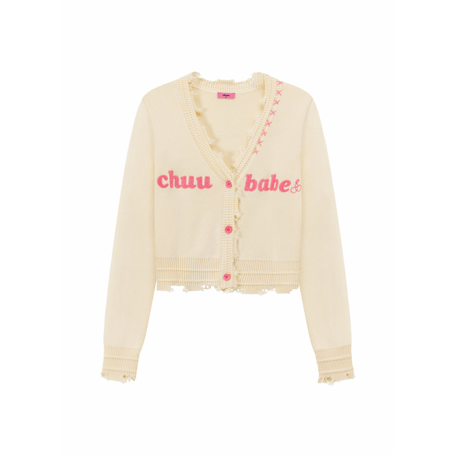 CHUU Logo Distressed Colored Knit Cardigan