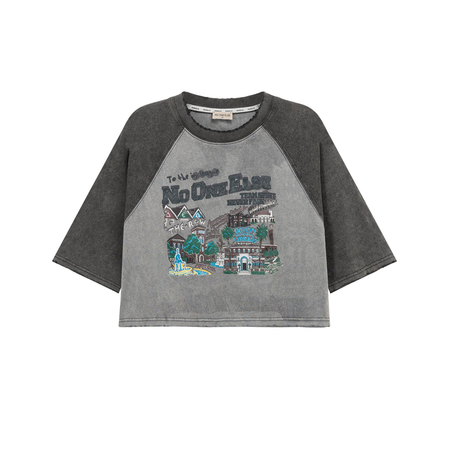 CHUU Raglan Color Crop Printed T-Shirt