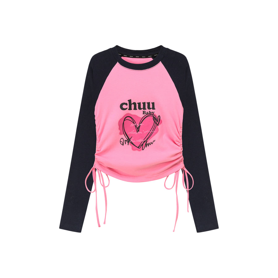 CHUU Heart Color Contrast Shirring T-Shirt